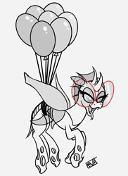 Size: 4000x5500 | Tagged: safe, artist:evan555alpha, imported from ponybooru, pinkie pie, oc, oc only, oc:yvette (evan555alpha), changeling, balloon, changeling oc, cute, dangling, dorsal fin, droopy, elytra, evan's daily buggo, fangs, female, floating, flying, forked tongue, glasses, lidded eyes, long tongue, looking down, ocbetes, open mouth, partial color, ponybooru exclusive, raised hoof, raised leg, round glasses, scrunchy face, signature, simple background, sketch, smug, solo, spread wings, then watch her balloons lift her up to the sky, tongue out, white background, wings