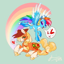 Size: 2000x2000 | Tagged: safe, artist:creeate97, imported from derpibooru, applejack, rainbow dash, earth pony, pegasus, pony, alternate cutie mark, alternate design, appledash, coat markings, ear piercing, facial markings, feathered fetlocks, female, flying, hat, heart, high res, industrial piercing, lesbian, pictogram, piercing, rainbow trail, redesign, shipping, snip (coat marking), socks (coat markings), unshorn fetlocks