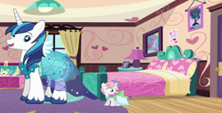 Size: 7312x3736 | Tagged: safe, artist:hubfanlover678, imported from derpibooru, rarity, shining armor, sweetie belle, bed, bedroom, clothes, crossdressing, dress, lamp, princess dress, toy chest