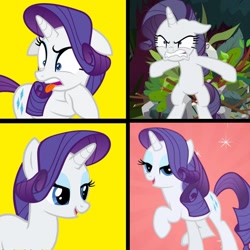Size: 1300x1300 | Tagged: safe, edit, edited screencap, imported from derpibooru, imported from twibooru, screencap, mean rarity, rarity, pony, unicorn, friendship is magic, the cutie map, the mean 6, antagonist, bedroom eyes, bipedal, clone, ewww!!!, eyeshadow, female, hotline bling, makeup, meme, simple background, villains of equestria, yellow background