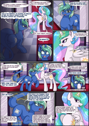 Size: 2894x4093 | Tagged: safe, artist:novaspark, imported from derpibooru, princess celestia, princess luna, oc, oc:nova spark, alicorn, monster pony, original species, pony, tatzlpony, boop, butt, comic, dialogue, female, glasses, horn, horn ring, imminent vore, jewelry, looking back, magic, magic suppression, mare, plot, ring, sweat