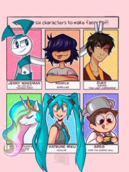 Size: 1280x1707 | Tagged: safe, artist:soaptears, imported from derpibooru, princess celestia, alicorn, human, pony, robot, six fanarts, anime, avatar the last airbender, bust, crossed arms, crossover, eyes closed, female, frown, gorillaz, greg (over the garden wall), hair over eyes, hatsune miku, horn, jenny wakeman, jewelry, licking, licking lips, male, mare, my life as a teenage robot, noodle, over the garden wall, smiling, tiara, tongue out, vocaloid, zuko