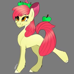 Size: 1000x1000 | Tagged: safe, artist:twilightpasha, imported from derpibooru, apple bloom, earth pony, pony, apple, balancing, cloven hooves, female, filly, food, gray background, simple background, smiling, solo