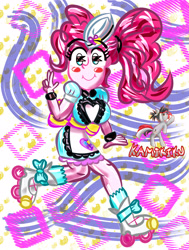 Size: 3000x3960 | Tagged: safe, artist:kamikiku, imported from derpibooru, pinkie pie, equestria girls, equestria girls series, blush sticker, blushing, high res, peace sign, roller skates, server pinkie pie, smiling, waitress