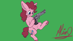 Size: 3840x2160 | Tagged: safe, artist:aliceg, imported from derpibooru, pinkie pie, earth pony, pony, desert eagle, green background, gun, handgun, high res, simple background, solo, weapon