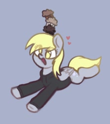 Size: 1146x1288 | Tagged: safe, artist:flixanoa, imported from derpibooru, derpy hooves, pegasus, pony, clothes, eye clipping through hair, food, hoodie, lying down, muffin, on head, open mouth, open smile, prone, simple background, smiling, solo