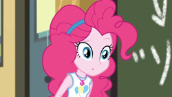 Size: 3410x1920 | Tagged: safe, imported from derpibooru, screencap, pinkie pie, equestria girls, equestria girls series, schedule swap, spoiler:eqg series (season 2), :o, chalkboard, clothes, cutie mark, cutie mark on clothes, female, geode of sugar bombs, jewelry, magical geodes, necklace, open mouth, solo, tanktop