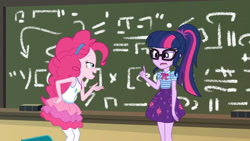 Size: 3410x1920 | Tagged: safe, imported from derpibooru, screencap, pinkie pie, sci-twi, twilight sparkle, equestria girls, equestria girls series, schedule swap, spoiler:eqg series (season 2), bowtie, chalkboard, clothes, cutie mark, cutie mark on clothes, female, geode of sugar bombs, geode of telekinesis, glasses, jewelry, magical geodes, necklace, open mouth, ponytail, smiling, smirk, smug, smugpie, tanktop