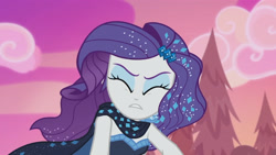 Size: 3410x1920 | Tagged: safe, imported from derpibooru, screencap, rarity, equestria girls, equestria girls series, the other side, eyes closed, female, hairpin, sleeveless, solo, strapless