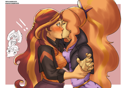 Size: 3508x2480 | Tagged: safe, artist:nire, imported from derpibooru, adagio dazzle, aria blaze, pinkie pie, sonata dusk, sunset shimmer, human, equestria girls, blushing, blushing profusely, breasts touching, churros, clothes, eating, eye contact, eyeshadow, female, food, high res, jacket, kiss on the lips, kissing, leather jacket, lesbian, looking at each other, makeup, nail polish, shipping, shocked, spiked headband, sunsagio