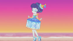 Size: 3410x1920 | Tagged: safe, imported from derpibooru, screencap, rarity, pony, equestria girls, equestria girls series, the other side, beach, carousel dress, clothes, eyes closed, female, high heels, mirror, shoes, skirt, smiling, solo
