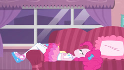 Size: 3410x1920 | Tagged: safe, imported from derpibooru, screencap, pinkie pie, equestria girls, equestria girls series, pinkie sitting, clothes, couch, cutie mark, cutie mark on clothes, female, geode of sugar bombs, jewelry, magical geodes, necklace, solo, tanktop