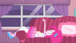 Size: 3410x1920 | Tagged: safe, imported from derpibooru, screencap, pinkie pie, equestria girls, equestria girls series, pinkie sitting, clothes, couch, cutie mark, cutie mark on clothes, female, geode of sugar bombs, jewelry, magical geodes, necklace, open mouth, solo, tanktop