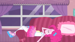Size: 3410x1920 | Tagged: safe, imported from derpibooru, screencap, pinkie pie, equestria girls, equestria girls series, pinkie sitting, clothes, couch, cutie mark, cutie mark on clothes, eyes closed, facepalm, female, frown, geode of sugar bombs, high res, jewelry, lying down, magical geodes, necklace, on back, solo, tanktop