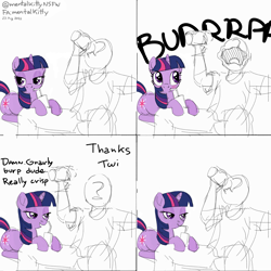 Size: 2048x2048 | Tagged: safe, artist:mentalkitty, imported from derpibooru, twilight sparkle, oc, oc:anon, human, pony, unicorn, beer can, blushing, burp, couch, dialogue, drinking, drinking straw, duo, female, high res, human and pony, lidded eyes, looking at someone, male, onomatopoeia, poggers, relaxing, resting, shitposting, show accurate, sitting on lap, sitting on person, soda, speech bubble, straw, straw in mouth, text, unicorn twilight, watching tv