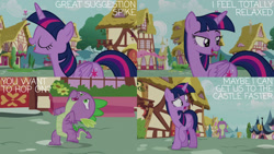 Size: 1280x720 | Tagged: safe, edit, edited screencap, editor:quoterific, imported from derpibooru, screencap, spike, twilight sparkle, alicorn, dragon, pony, castle sweet castle, season 5, eyes closed, female, male, mare, open mouth, smiling, twilight sparkle (alicorn)