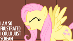 Size: 1280x720 | Tagged: safe, edit, edited screencap, editor:quoterific, imported from derpibooru, screencap, fluttershy, pegasus, pony, green isn't your color, season 1, eyes closed, female, mare, open mouth, screaming, solo, spread wings, wings