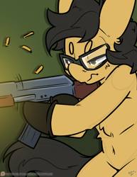 Size: 2550x3300 | Tagged: safe, artist:bbsartboutique, imported from derpibooru, oc, oc:crisom chin, pegasus, pony, ak-47, assault rifle, clothes, focused, gloves, goggles, gun, high res, patreon, patreon reward, pew pew, rifle, safety goggles, weapon