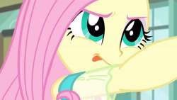 Size: 3410x1920 | Tagged: safe, imported from derpibooru, screencap, fluttershy, a little birdie told me, equestria girls, equestria girls series, close-up, female, geode of fauna, jewelry, magical geodes, necklace, solo, tongue out