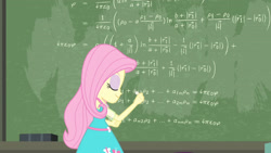 Size: 3410x1920 | Tagged: safe, imported from derpibooru, screencap, fluttershy, a little birdie told me, equestria girls, equestria girls series, chalk, chalkboard, clothes, cutie mark, cutie mark on clothes, eyes closed, female, geode of fauna, jewelry, magical geodes, necklace, smiling, solo