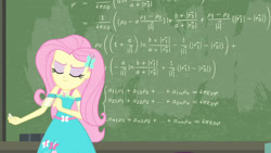 Size: 3410x1920 | Tagged: safe, imported from derpibooru, screencap, fluttershy, a little birdie told me, equestria girls, equestria girls series, chalk, chalkboard, clothes, cutie mark, cutie mark on clothes, eyes closed, female, geode of fauna, hairpin, jewelry, magical geodes, necklace, smiling, smug, smugshy, solo