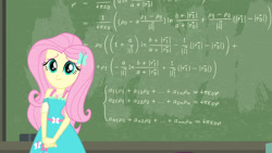 Size: 3410x1920 | Tagged: safe, imported from derpibooru, screencap, fluttershy, a little birdie told me, equestria girls, equestria girls series, chalk, chalkboard, clothes, cutie mark, cutie mark on clothes, female, geode of fauna, hairpin, jewelry, magical geodes, necklace, smiling, solo