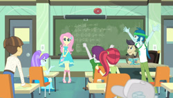 Size: 3410x1920 | Tagged: safe, imported from derpibooru, screencap, aqua blossom, bulk biceps, captain planet, cranky doodle donkey, fluttershy, wiz kid, a little birdie told me, equestria girls, equestria girls series, animation error, book, chalk, chalkboard, clothes, cutie mark, cutie mark on clothes, female, geode of fauna, hairpin, jewelry, magical geodes, male, necklace, smiling