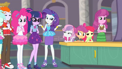 Size: 3410x1920 | Tagged: safe, imported from derpibooru, screencap, apple bloom, cheerilee, lyra heartstrings, maud pie, pinkie pie, rarity, sci-twi, scootaloo, sweetie belle, twilight sparkle, equestria girls, equestria girls series, school of rock, bowtie, bracelet, clothes, crossed arms, cute, cutie mark, cutie mark crusaders, cutie mark on clothes, eyes closed, female, geode of shielding, geode of sugar bombs, geode of telekinesis, glasses, hairpin, high heels, jewelry, magical geodes, male, ponytail, rah rah skirt, raribetes, rarity peplum dress, shoes, skirt, smiling, tanktop