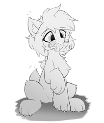 Size: 2480x2927 | Tagged: source needed, safe, artist:neverend, imported from derpibooru, oc, oc only, dog, dog pony, pony, chest fluff, food, grayscale, high res, meat, monochrome, mouth hold, paws, ponies eating meat, solo