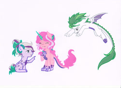 Size: 1750x1275 | Tagged: safe, artist:ocean-drop, imported from derpibooru, oc, oc only, oc:crème de la crème, oc:gem stone, oc:radiance, dracony, dragon, hybrid, pony, base used, female, interspecies offspring, offspring, parent:rarity, parent:spike, parents:sparity, siblings, simple background, sisters, trio, white background