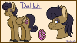 Size: 420x239 | Tagged: safe, artist:yurza, imported from derpibooru, oc, oc only, oc:delilah, pegasus, pony, chest fluff, cloven hooves, cutie mark, eyes closed, eyeshadow, female, freckles, lidded eyes, makeup, mare, reference sheet, smiling, solo, unshorn fetlocks