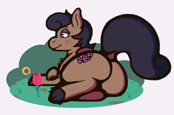 Size: 969x644 | Tagged: safe, artist:yurza, imported from derpibooru, oc, oc only, oc:delilah, pegasus, pony, bush, butt, cloven hooves, dock, eyeshadow, female, flower, freckles, lidded eyes, lying down, makeup, mare, plot, prone, rear view, smiling, solo, sunflower, tulip, unshorn fetlocks