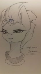 Size: 1836x3264 | Tagged: safe, artist:artfestation, imported from derpibooru, tempest shadow, pony, unicorn, broken horn, bust, female, horn, lineart, mare, solo, sparking horn, traditional art