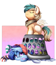 Size: 3069x3565 | Tagged: safe, artist:pridark, imported from derpibooru, oc, oc only, oc:astral flare, oc:sun light, pegasus, pony, duo, high res, laundry, laundry basket