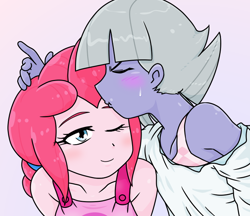 Size: 740x640 | Tagged: safe, artist:batipin, imported from derpibooru, limestone pie, pinkie pie, equestria girls, blushing, cute, duo, equestria girls-ified, eyes closed, female, kiss on the head, kissing, one eye closed, platonic kiss, siblings, sisters