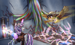 Size: 2667x1600 | Tagged: safe, artist:redahfuhrerking, imported from derpibooru, daring do, twilight velvet, pegasus, pony, unicorn, fanfic:spectrum of lightning, series:daring did tales of an adventurer's companion, barrel, bunker, butt, clothes, electricity, fanfic art, female, jacket, leather jacket, magic, mare, plot, roots, scar, tree