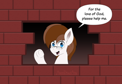 Size: 4200x2900 | Tagged: safe, alternate version, artist:aarondrawsarts, imported from derpibooru, oc, oc only, oc:brain teaser, pony, brick wall, commission, edgar allan poe, funny, glasses, immurement, meme, parody, solo, speech bubble, the cask of amontillado