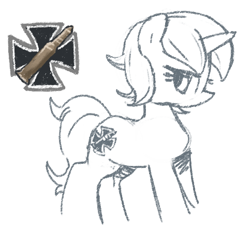 Size: 483x445 | Tagged: safe, artist:plunger, imported from derpibooru, oc, oc only, oc:panzerstute, pony, unicorn, bullet, female, iron cross, monochrome, nazi, simple background, solo, white background