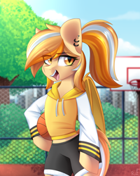 Size: 1600x2000 | Tagged: safe, artist:rinteen, imported from derpibooru, oc, oc only, anthro, bat pony, semi-anthro, basketball, bat pony oc, clothes, commission, detailed background, ear piercing, earring, eye clipping through hair, hoodie, jewelry, photo, piercing, ponytail, shorts, solo, sports, ych result