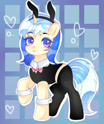 Size: 2600x3100 | Tagged: safe, artist:软羊羊, imported from derpibooru, oc, oc only, oc:twinblade, pony, unicorn, :3, bunny ears, bunny suit, clothes, eye clipping through hair, eyebrows, eyebrows visible through hair, female, high res, horn, looking at you, mare, raised hoof, smiling, smiling at you, solo, solo female, tongue out, unicorn oc