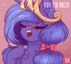 Size: 1910x1728 | Tagged: safe, artist:elektra-gertly, imported from derpibooru, princess luna, pony, alternate hairstyle, bow, crown, ear fluff, ear piercing, eyes closed, hair bow, jewelry, open mouth, piercing, regalia, solo