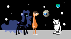 Size: 5132x2859 | Tagged: safe, artist:tomnice, imported from derpibooru, nightmare moon, alicorn, bear, human, pony, robot, asdfmovie, crossover, desmond the moon bear, despicable me, earth, female, g4, male, mare, moon, planet, portal (valve), portal 2, space, stars, victor perkins, wheatley