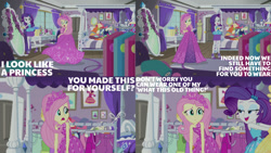 Size: 1280x720 | Tagged: safe, edit, edited screencap, editor:quoterific, imported from derpibooru, screencap, fluttershy, rarity, costume conundrum, equestria girls, equestria girls series, spoiler:eqg series (season 2), bracelet, clothes, costume conundrum: rarity, cutie mark, cutie mark on clothes, female, geode of shielding, hairpin, high heels, jewelry, magical geodes, open mouth, rarity peplum dress, rarity's bedroom (equestria girls), shoes