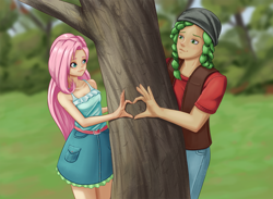 Size: 1280x938 | Tagged: safe, artist:scs-g3-n17, imported from derpibooru, fluttershy, sandalwood, equestria girls, female, male, sandalshy, shipping, sleeveless, straight, tree