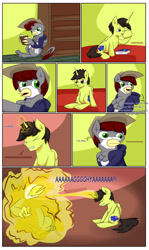 Size: 1920x3226 | Tagged: safe, artist:khaki-cap, imported from derpibooru, oc, oc:khaki-cap, oc:tommy, oc:tommy the human, alicorn, griffon, pony, comic:magical mishaps, alicorn oc, beak, blast, book, bookshelf, cap, child, claws, clothes, colt, comic, comic series, commissioner:bigonionbean, cutie mark, dialogue, digital art, gag, griffon oc, hat, hoodie, horn, jeans, magic, magic blast, male, muzzle gag, pants, shirt, sleepy, species, species swap, struggling, t-shirt, text, waking up, wings, writer:bigonionbean