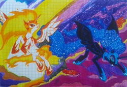 Size: 2224x1521 | Tagged: safe, artist:karadeg, imported from derpibooru, daybreaker, nightmare moon, princess celestia, princess luna, alicorn, comic cover, graph paper, traditional art