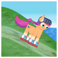 Size: 1280x1280 | Tagged: safe, artist:khaki-cap, imported from derpibooru, sunny starscout, earth pony, block, cutie mark, day, digital art, g5, grass, grass field, helmet, ocean, path, roller skates, signature, simple, simple background, wave