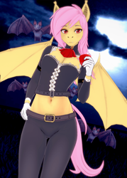 Size: 644x900 | Tagged: safe, artist:wild, imported from derpibooru, fluttershy, anthro, bat, bat pony, 3d, apple, bat ponified, belly button, breasts, cleavage, clothes, fangs, female, flutterbat, food, gloves, hand on hip, koikatsu, looking at you, midriff, pants, race swap, solo