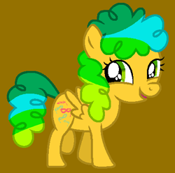 Size: 437x434 | Tagged: safe, artist:kammythepanic, imported from derpibooru, masquerade (g1), pegasus, pony, twinkle eyed pony, female, filly, g1, g1 to g4, g4, generation leap, gold background, open mouth, simple background, solo