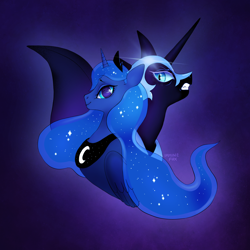 Size: 2048x2048 | Tagged: safe, artist:immunefox, imported from derpibooru, nightmare moon, princess luna, alicorn, pony, blue, digital art, duality, fanart, high res, moon, night, nightmare night